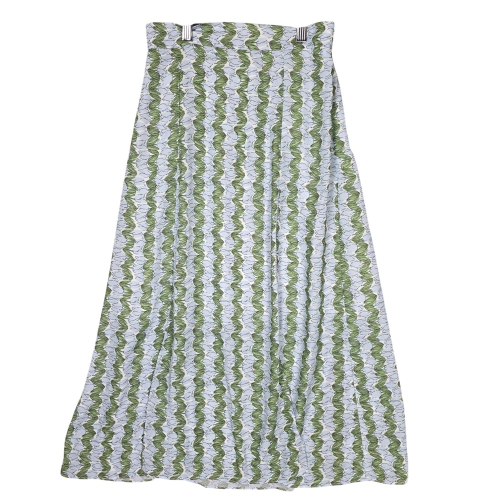 NCZZ Maxi Skirt Floral Leaf Print Slit High Waist Womens L Blue Green GOOD Boho